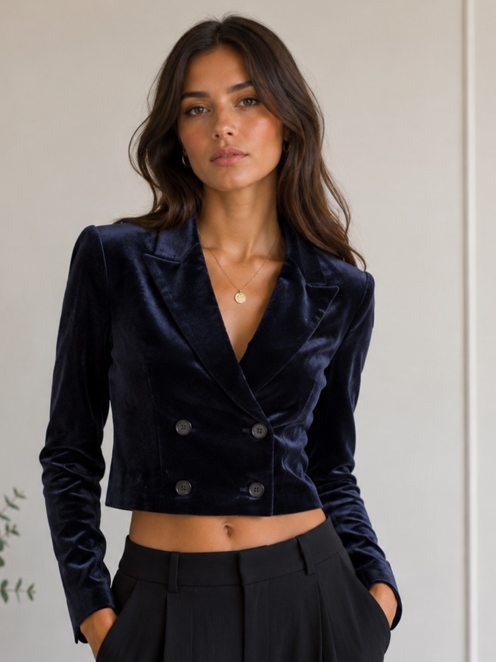 LaHang Navy Velvet Cropped Double Breasted Blazer Jacket XS